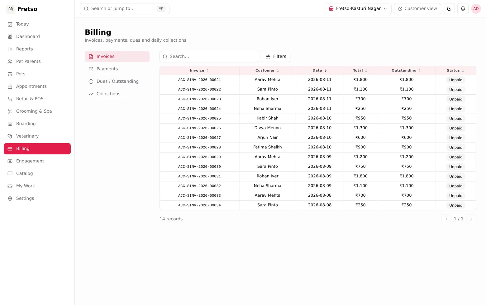 Invoices in Fretso Pet ERP with customer, amount, outstanding balance and payment status.