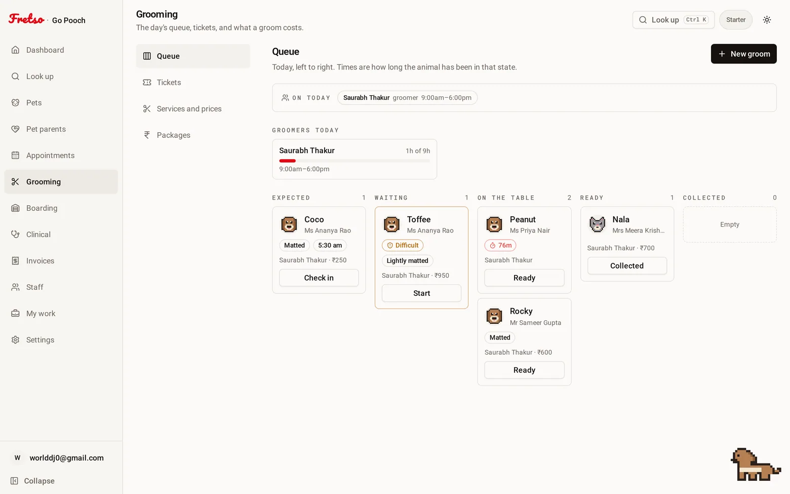 The board — Booked, waiting, in progress, ready, collected. Ready is the state that costs money when i