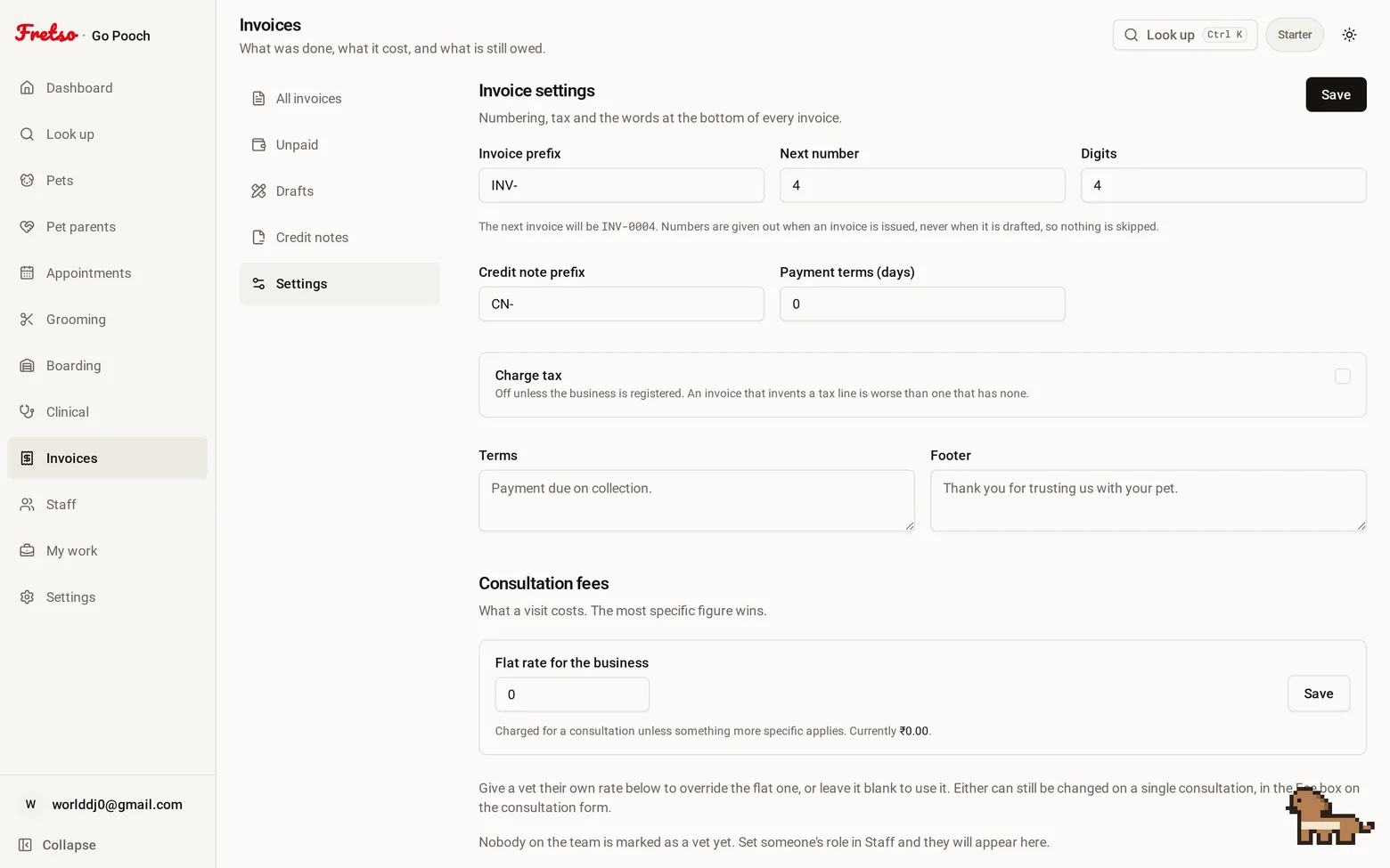 Numbering, GST and fees — Your invoice series, tax settings, and a consultation fee — flat for the business, or diff