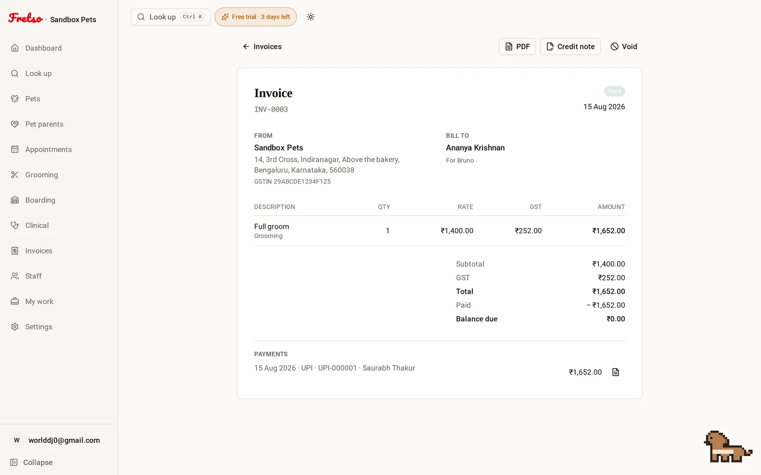 One invoice — Lines with per-line tax, payments recorded against it, and a PDF carrying your logo and de