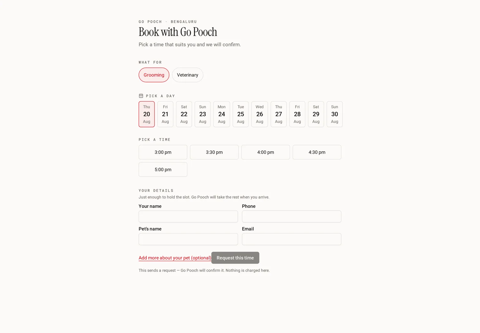 What a customer sees — No account, no password, no app. Four fields and a time. Everything else is behind an opti