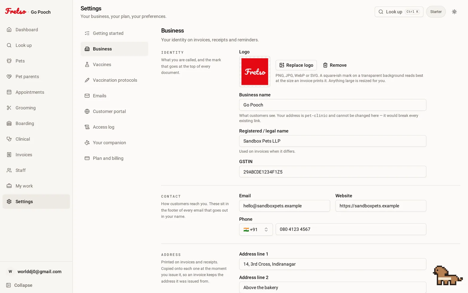 Business details — The screen worth doing properly on day one: this is copied onto every invoice at the momen