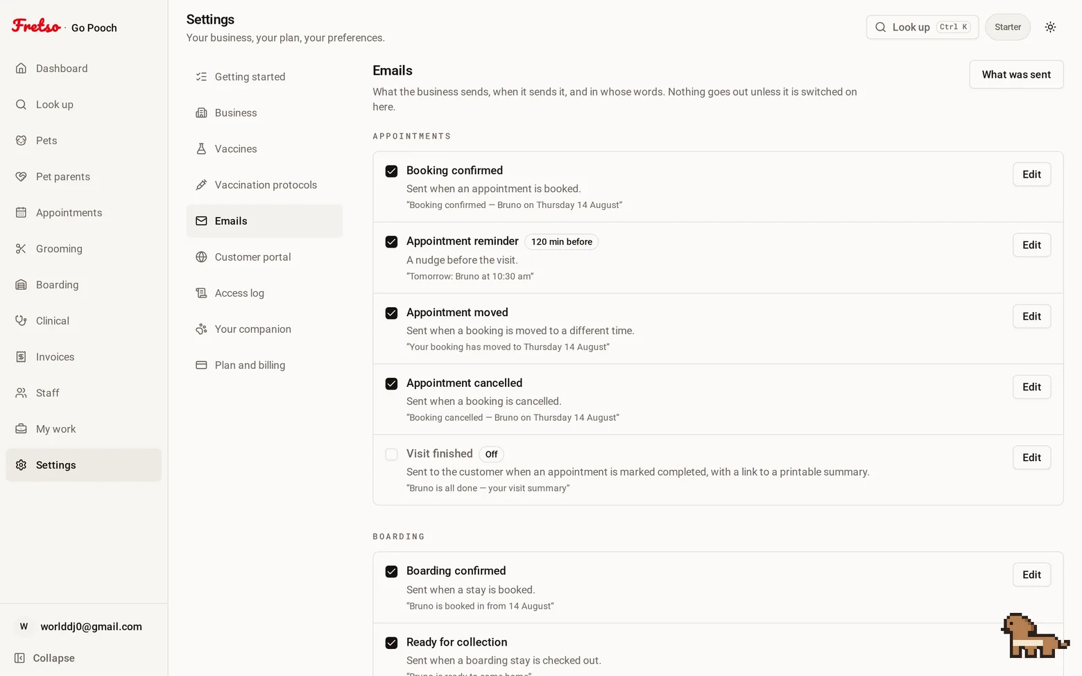 What sends, and when — Confirmations, the day-before reminder, ready-for-collection, boosters due, invoices, rece
