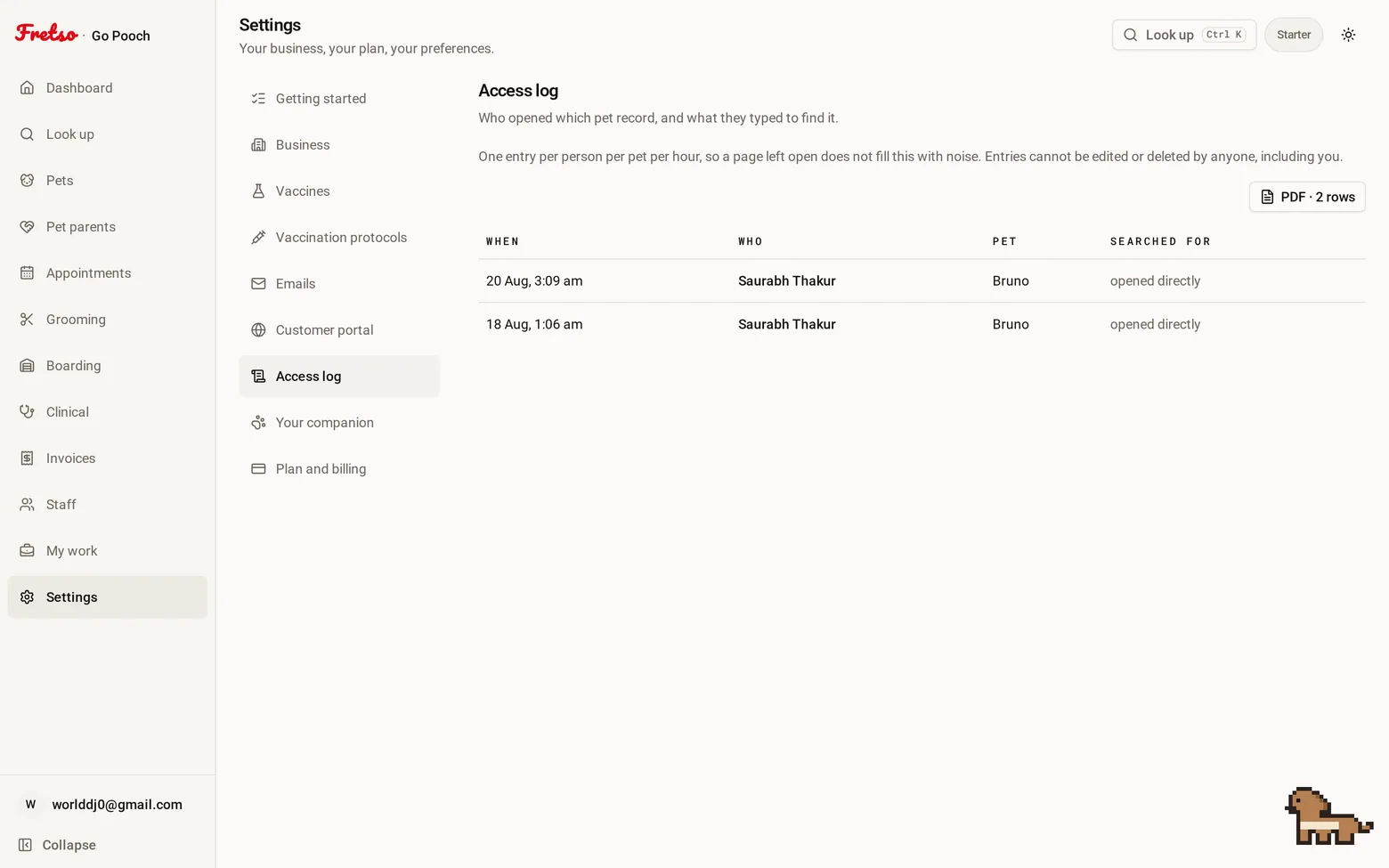 Access log — Who opened which pet record, and what they typed to find it. Owners and admins only.
