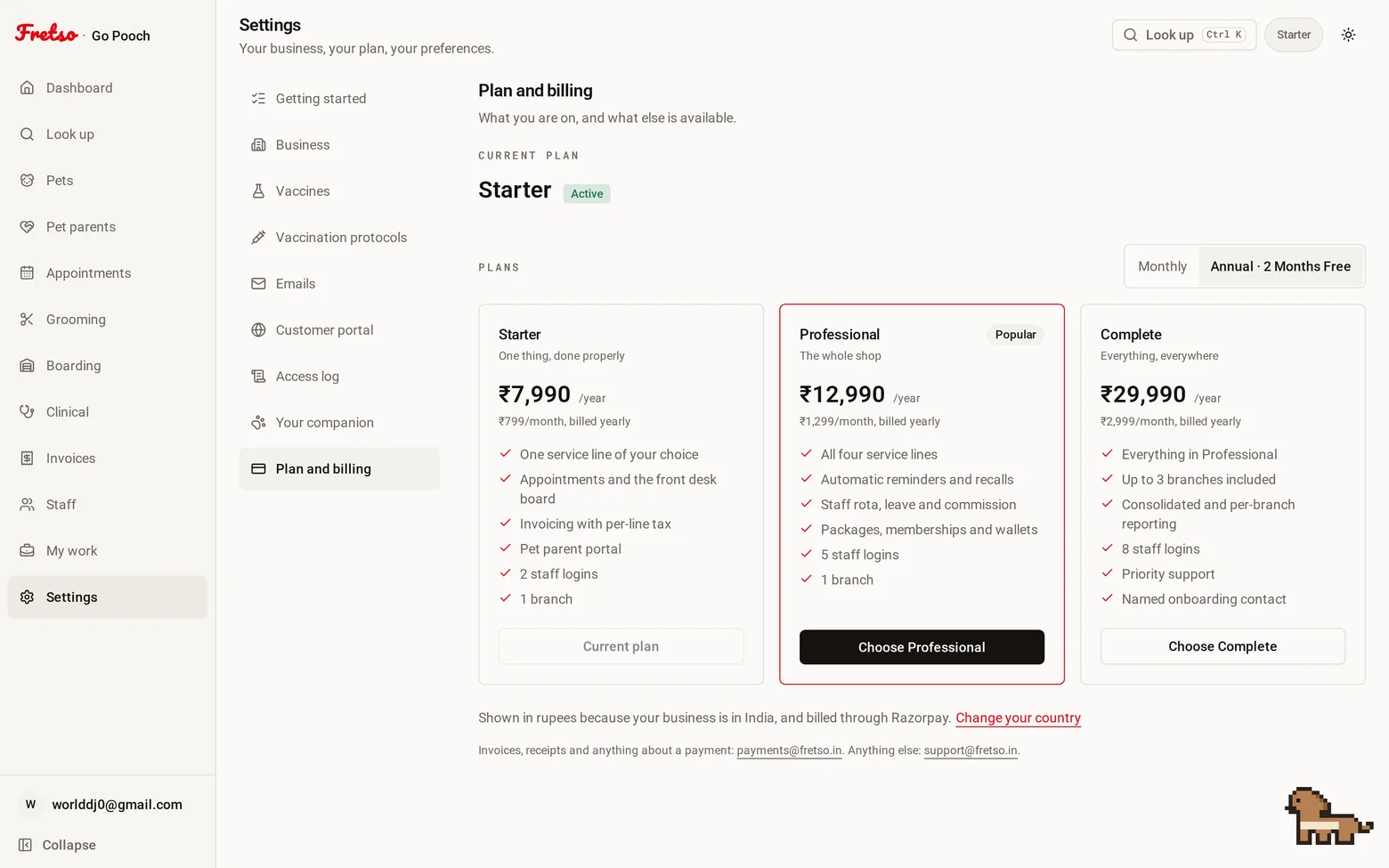 Plan and billing — Three tiers, monthly or annual. Indian businesses are billed in rupees; everywhere else in