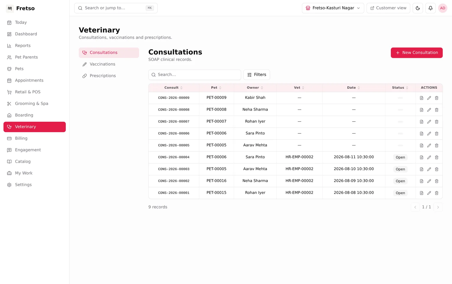 Veterinary consultations in Fretso Pet ERP, each row a SOAP-structured consult linked to a pet and owner.