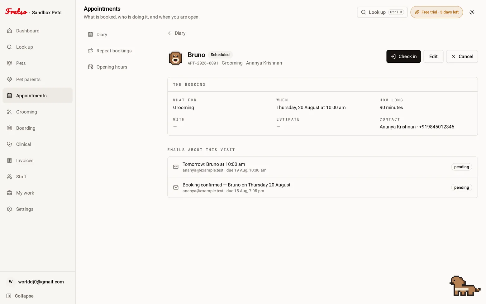 A single visit — Scheduled, checked in, in progress, completed — and the emails sent about it listed undern